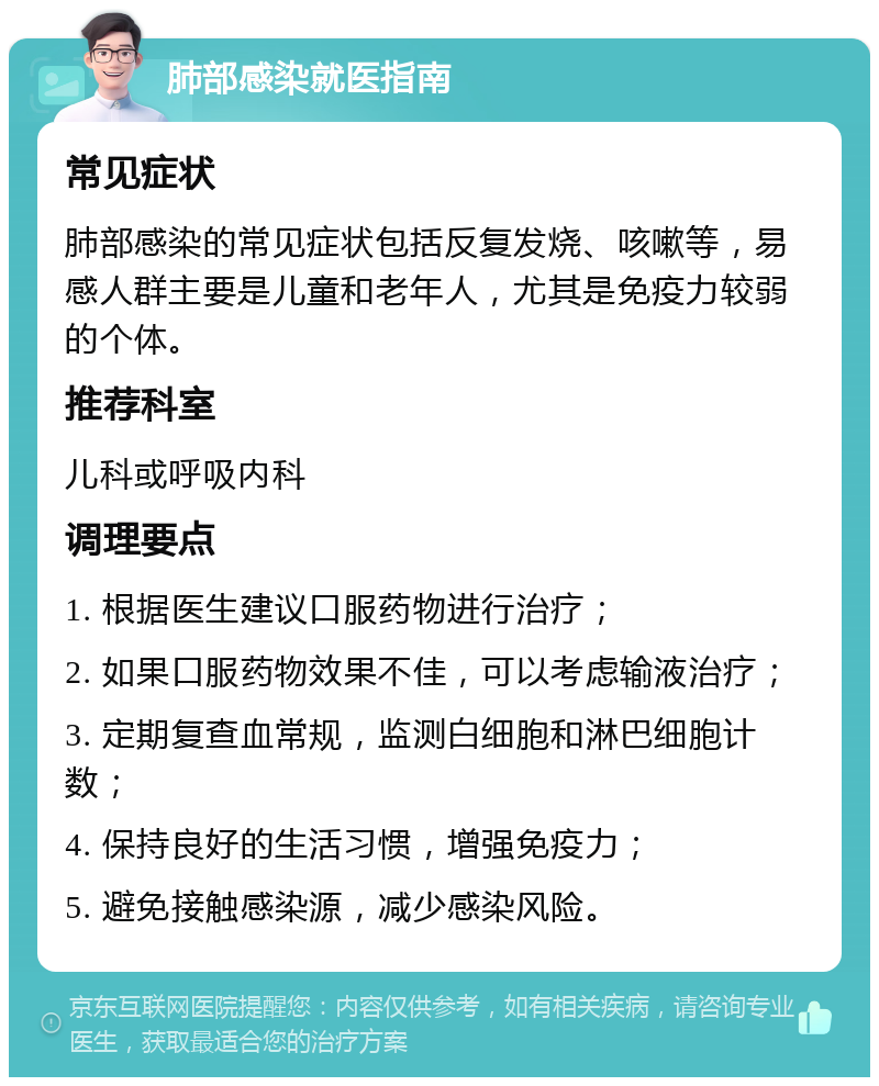 肺部感染就医指南 常见症状 肺部感染的常见症状包括反复发烧、咳嗽等，易感人群主要是儿童和老年人，尤其是免疫力较弱的个体。 推荐科室 儿科或呼吸内科 调理要点 1. 根据医生建议口服药物进行治疗； 2. 如果口服药物效果不佳，可以考虑输液治疗； 3. 定期复查血常规，监测白细胞和淋巴细胞计数； 4. 保持良好的生活习惯，增强免疫力； 5. 避免接触感染源，减少感染风险。