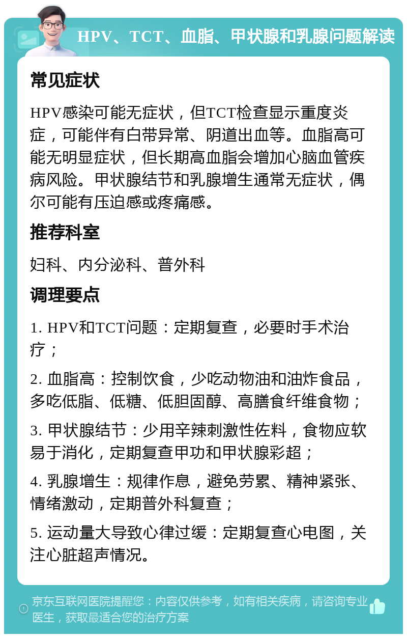 HPV、TCT、血脂、甲状腺和乳腺问题解读 常见症状 HPV感染可能无症状，但TCT检查显示重度炎症，可能伴有白带异常、阴道出血等。血脂高可能无明显症状，但长期高血脂会增加心脑血管疾病风险。甲状腺结节和乳腺增生通常无症状，偶尔可能有压迫感或疼痛感。 推荐科室 妇科、内分泌科、普外科 调理要点 1. HPV和TCT问题：定期复查，必要时手术治疗； 2. 血脂高：控制饮食，少吃动物油和油炸食品，多吃低脂、低糖、低胆固醇、高膳食纤维食物； 3. 甲状腺结节：少用辛辣刺激性佐料，食物应软易于消化，定期复查甲功和甲状腺彩超； 4. 乳腺增生：规律作息，避免劳累、精神紧张、情绪激动，定期普外科复查； 5. 运动量大导致心律过缓：定期复查心电图，关注心脏超声情况。