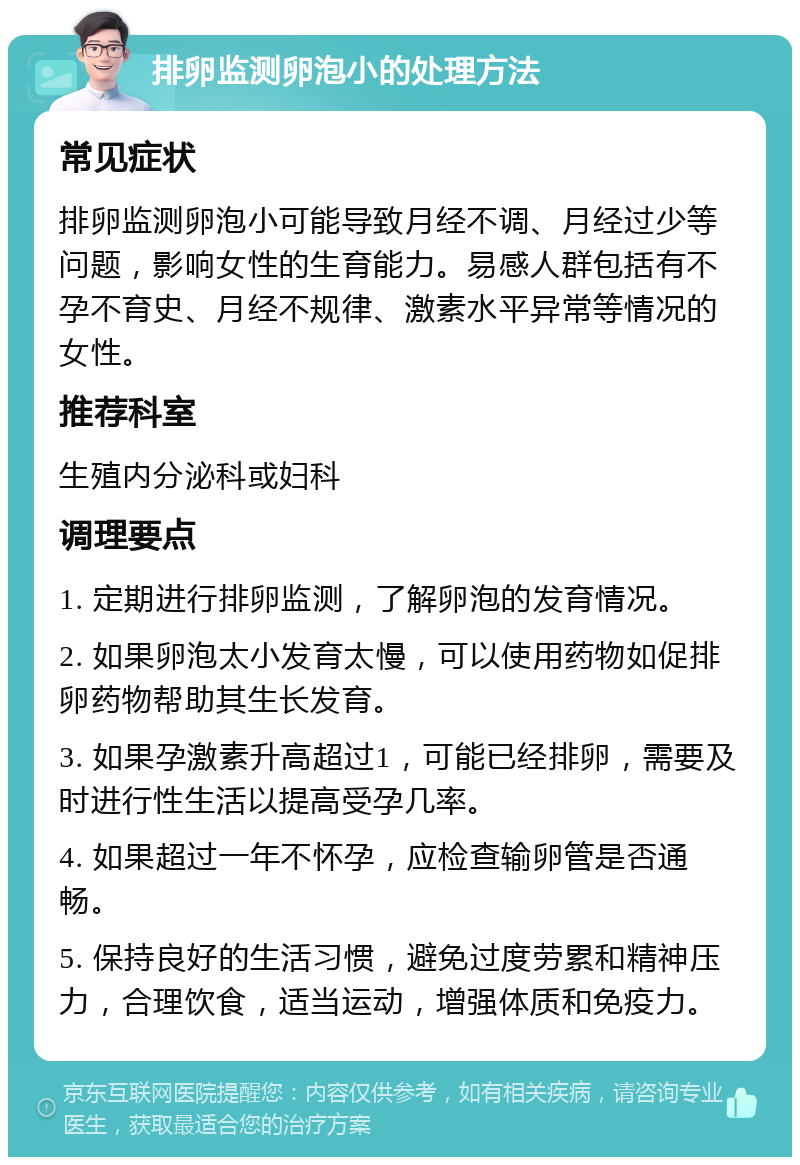 排卵监测卵泡小的处理方法 常见症状 排卵监测卵泡小可能导致月经不调、月经过少等问题，影响女性的生育能力。易感人群包括有不孕不育史、月经不规律、激素水平异常等情况的女性。 推荐科室 生殖内分泌科或妇科 调理要点 1. 定期进行排卵监测，了解卵泡的发育情况。 2. 如果卵泡太小发育太慢，可以使用药物如促排卵药物帮助其生长发育。 3. 如果孕激素升高超过1，可能已经排卵，需要及时进行性生活以提高受孕几率。 4. 如果超过一年不怀孕，应检查输卵管是否通畅。 5. 保持良好的生活习惯，避免过度劳累和精神压力，合理饮食，适当运动，增强体质和免疫力。