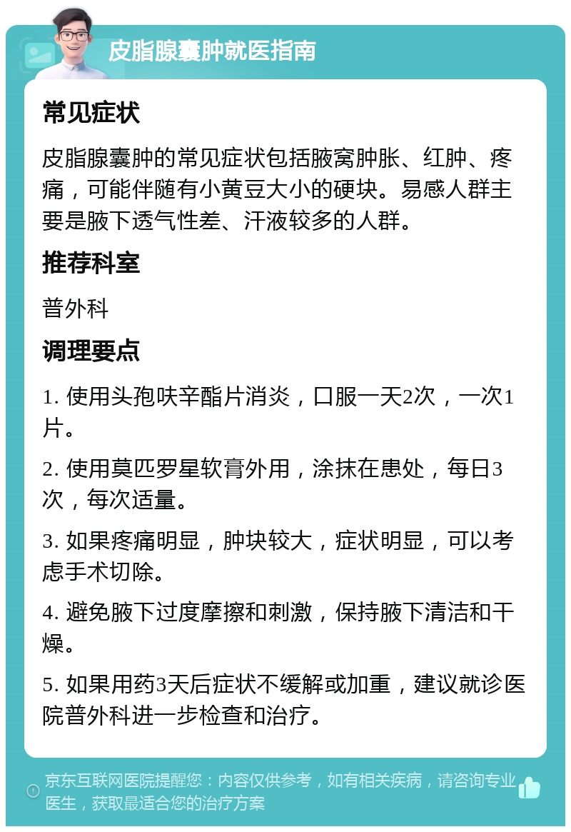 皮脂腺囊肿就医指南 常见症状 皮脂腺囊肿的常见症状包括腋窝肿胀、红肿、疼痛，可能伴随有小黄豆大小的硬块。易感人群主要是腋下透气性差、汗液较多的人群。 推荐科室 普外科 调理要点 1. 使用头孢呋辛酯片消炎，口服一天2次，一次1片。 2. 使用莫匹罗星软膏外用，涂抹在患处，每日3次，每次适量。 3. 如果疼痛明显，肿块较大，症状明显，可以考虑手术切除。 4. 避免腋下过度摩擦和刺激，保持腋下清洁和干燥。 5. 如果用药3天后症状不缓解或加重，建议就诊医院普外科进一步检查和治疗。