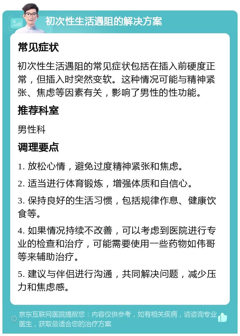 初次性生活遇阻的解决方案 常见症状 初次性生活遇阻的常见症状包括在插入前硬度正常，但插入时突然变软。这种情况可能与精神紧张、焦虑等因素有关，影响了男性的性功能。 推荐科室 男性科 调理要点 1. 放松心情，避免过度精神紧张和焦虑。 2. 适当进行体育锻炼，增强体质和自信心。 3. 保持良好的生活习惯，包括规律作息、健康饮食等。 4. 如果情况持续不改善，可以考虑到医院进行专业的检查和治疗，可能需要使用一些药物如伟哥等来辅助治疗。 5. 建议与伴侣进行沟通，共同解决问题，减少压力和焦虑感。