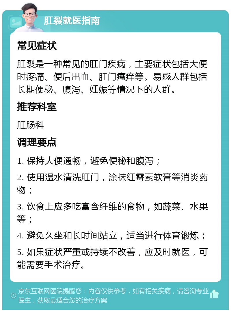 肛裂就医指南 常见症状 肛裂是一种常见的肛门疾病，主要症状包括大便时疼痛、便后出血、肛门瘙痒等。易感人群包括长期便秘、腹泻、妊娠等情况下的人群。 推荐科室 肛肠科 调理要点 1. 保持大便通畅，避免便秘和腹泻； 2. 使用温水清洗肛门，涂抹红霉素软膏等消炎药物； 3. 饮食上应多吃富含纤维的食物，如蔬菜、水果等； 4. 避免久坐和长时间站立，适当进行体育锻炼； 5. 如果症状严重或持续不改善，应及时就医，可能需要手术治疗。