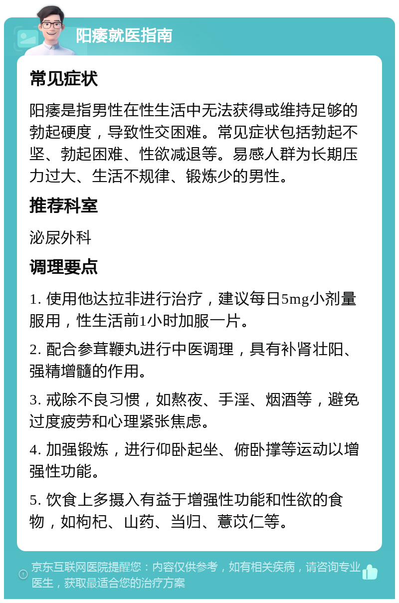 阳痿就医指南 常见症状 阳痿是指男性在性生活中无法获得或维持足够的勃起硬度，导致性交困难。常见症状包括勃起不坚、勃起困难、性欲减退等。易感人群为长期压力过大、生活不规律、锻炼少的男性。 推荐科室 泌尿外科 调理要点 1. 使用他达拉非进行治疗，建议每日5mg小剂量服用，性生活前1小时加服一片。 2. 配合参茸鞭丸进行中医调理，具有补肾壮阳、强精增髓的作用。 3. 戒除不良习惯，如熬夜、手淫、烟酒等，避免过度疲劳和心理紧张焦虑。 4. 加强锻炼，进行仰卧起坐、俯卧撑等运动以增强性功能。 5. 饮食上多摄入有益于增强性功能和性欲的食物，如枸杞、山药、当归、薏苡仁等。