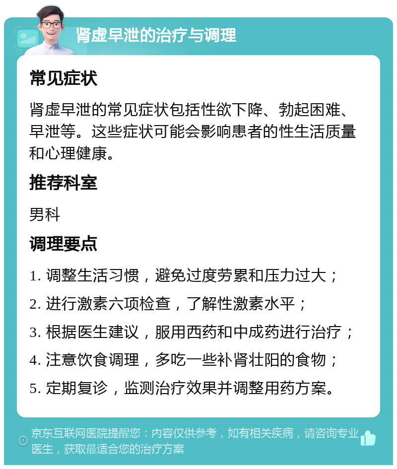 肾虚早泄的治疗与调理 常见症状 肾虚早泄的常见症状包括性欲下降、勃起困难、早泄等。这些症状可能会影响患者的性生活质量和心理健康。 推荐科室 男科 调理要点 1. 调整生活习惯，避免过度劳累和压力过大； 2. 进行激素六项检查，了解性激素水平； 3. 根据医生建议，服用西药和中成药进行治疗； 4. 注意饮食调理，多吃一些补肾壮阳的食物； 5. 定期复诊，监测治疗效果并调整用药方案。