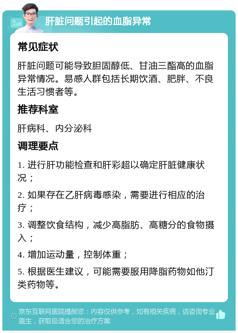 肝脏问题引起的血脂异常 常见症状 肝脏问题可能导致胆固醇低、甘油三酯高的血脂异常情况。易感人群包括长期饮酒、肥胖、不良生活习惯者等。 推荐科室 肝病科、内分泌科 调理要点 1. 进行肝功能检查和肝彩超以确定肝脏健康状况； 2. 如果存在乙肝病毒感染，需要进行相应的治疗； 3. 调整饮食结构，减少高脂肪、高糖分的食物摄入； 4. 增加运动量，控制体重； 5. 根据医生建议，可能需要服用降脂药物如他汀类药物等。