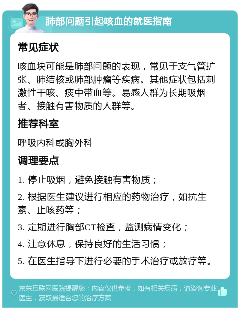 肺部问题引起咳血的就医指南 常见症状 咳血块可能是肺部问题的表现，常见于支气管扩张、肺结核或肺部肿瘤等疾病。其他症状包括刺激性干咳、痰中带血等。易感人群为长期吸烟者、接触有害物质的人群等。 推荐科室 呼吸内科或胸外科 调理要点 1. 停止吸烟，避免接触有害物质； 2. 根据医生建议进行相应的药物治疗，如抗生素、止咳药等； 3. 定期进行胸部CT检查，监测病情变化； 4. 注意休息，保持良好的生活习惯； 5. 在医生指导下进行必要的手术治疗或放疗等。