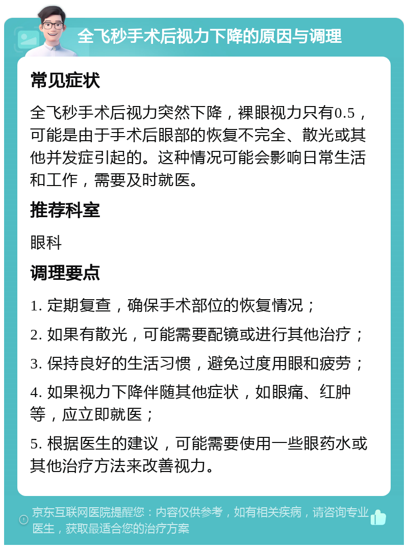 全飞秒手术后视力下降的原因与调理 常见症状 全飞秒手术后视力突然下降，裸眼视力只有0.5，可能是由于手术后眼部的恢复不完全、散光或其他并发症引起的。这种情况可能会影响日常生活和工作，需要及时就医。 推荐科室 眼科 调理要点 1. 定期复查，确保手术部位的恢复情况； 2. 如果有散光，可能需要配镜或进行其他治疗； 3. 保持良好的生活习惯，避免过度用眼和疲劳； 4. 如果视力下降伴随其他症状，如眼痛、红肿等，应立即就医； 5. 根据医生的建议，可能需要使用一些眼药水或其他治疗方法来改善视力。