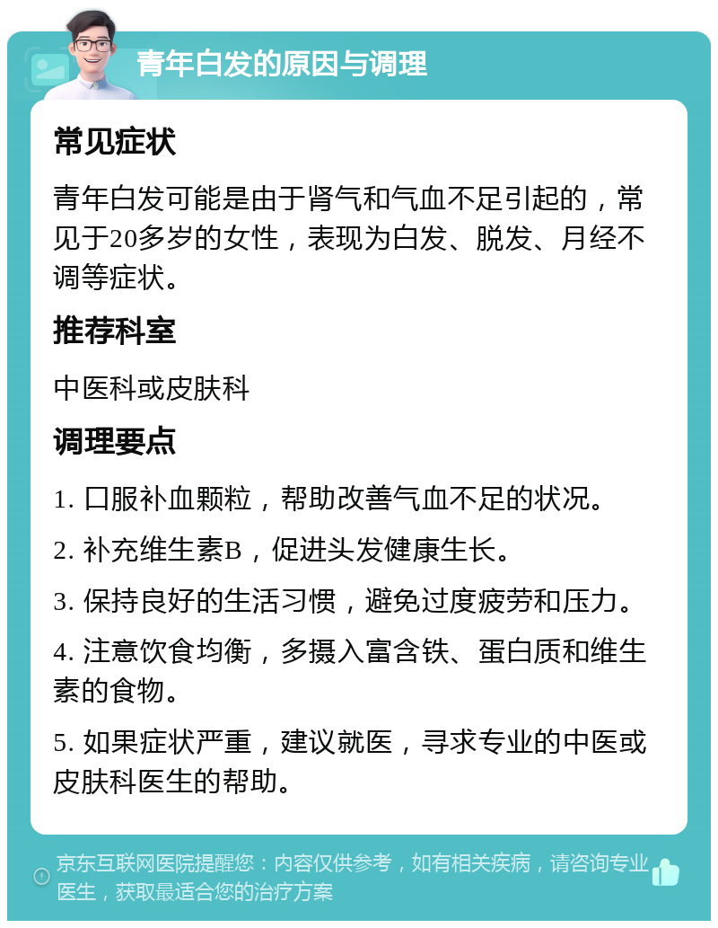 青年白发的原因与调理 常见症状 青年白发可能是由于肾气和气血不足引起的，常见于20多岁的女性，表现为白发、脱发、月经不调等症状。 推荐科室 中医科或皮肤科 调理要点 1. 口服补血颗粒，帮助改善气血不足的状况。 2. 补充维生素B，促进头发健康生长。 3. 保持良好的生活习惯，避免过度疲劳和压力。 4. 注意饮食均衡，多摄入富含铁、蛋白质和维生素的食物。 5. 如果症状严重，建议就医，寻求专业的中医或皮肤科医生的帮助。