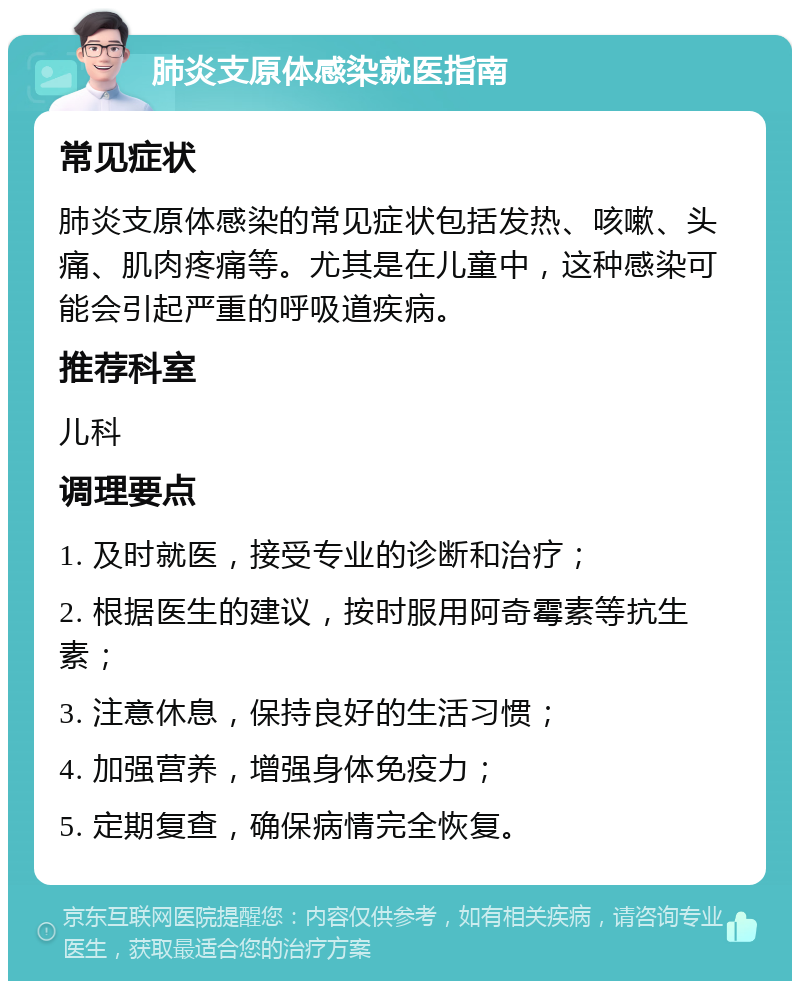 肺炎支原体感染就医指南 常见症状 肺炎支原体感染的常见症状包括发热、咳嗽、头痛、肌肉疼痛等。尤其是在儿童中，这种感染可能会引起严重的呼吸道疾病。 推荐科室 儿科 调理要点 1. 及时就医，接受专业的诊断和治疗； 2. 根据医生的建议，按时服用阿奇霉素等抗生素； 3. 注意休息，保持良好的生活习惯； 4. 加强营养，增强身体免疫力； 5. 定期复查，确保病情完全恢复。