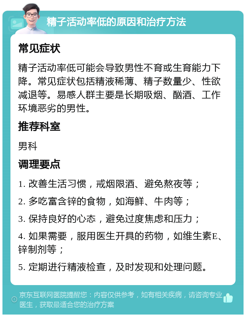 精子活动率低的原因和治疗方法 常见症状 精子活动率低可能会导致男性不育或生育能力下降。常见症状包括精液稀薄、精子数量少、性欲减退等。易感人群主要是长期吸烟、酗酒、工作环境恶劣的男性。 推荐科室 男科 调理要点 1. 改善生活习惯，戒烟限酒、避免熬夜等； 2. 多吃富含锌的食物，如海鲜、牛肉等； 3. 保持良好的心态，避免过度焦虑和压力； 4. 如果需要，服用医生开具的药物，如维生素E、锌制剂等； 5. 定期进行精液检查，及时发现和处理问题。