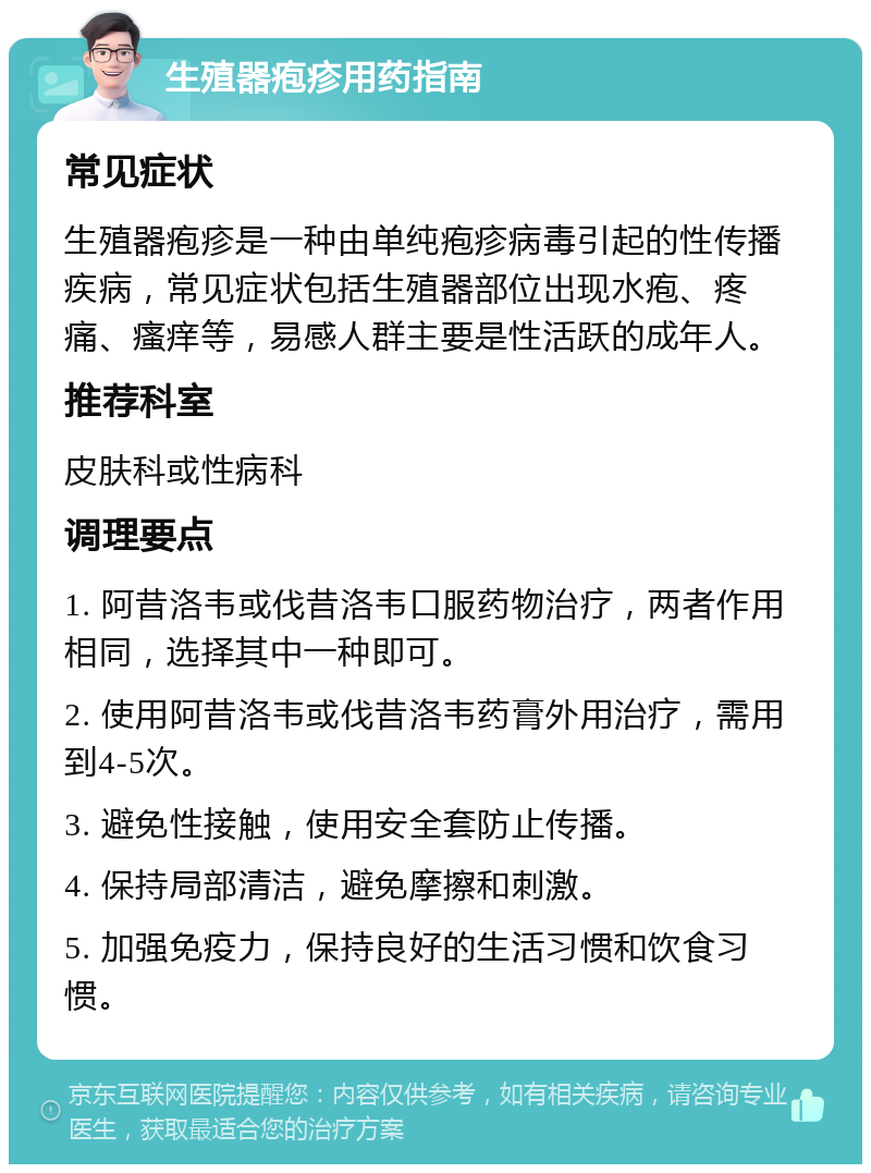 生殖器疱疹用药指南 常见症状 生殖器疱疹是一种由单纯疱疹病毒引起的性传播疾病，常见症状包括生殖器部位出现水疱、疼痛、瘙痒等，易感人群主要是性活跃的成年人。 推荐科室 皮肤科或性病科 调理要点 1. 阿昔洛韦或伐昔洛韦口服药物治疗，两者作用相同，选择其中一种即可。 2. 使用阿昔洛韦或伐昔洛韦药膏外用治疗，需用到4-5次。 3. 避免性接触，使用安全套防止传播。 4. 保持局部清洁，避免摩擦和刺激。 5. 加强免疫力，保持良好的生活习惯和饮食习惯。