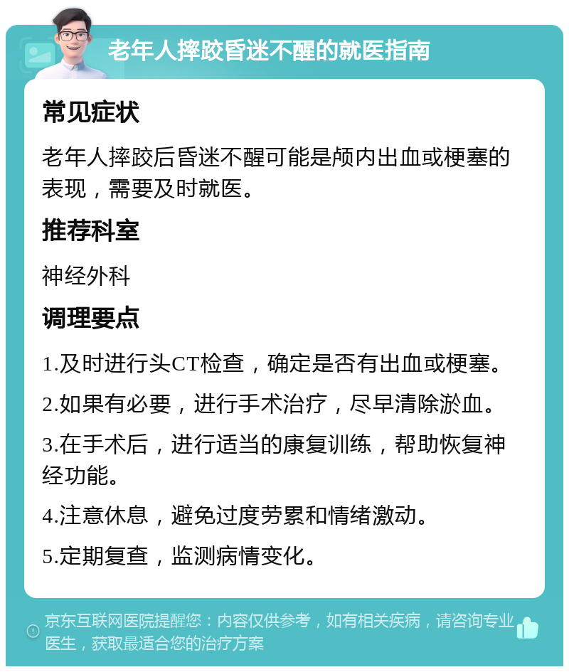 老年人摔跤昏迷不醒的就医指南 常见症状 老年人摔跤后昏迷不醒可能是颅内出血或梗塞的表现，需要及时就医。 推荐科室 神经外科 调理要点 1.及时进行头CT检查，确定是否有出血或梗塞。 2.如果有必要，进行手术治疗，尽早清除淤血。 3.在手术后，进行适当的康复训练，帮助恢复神经功能。 4.注意休息，避免过度劳累和情绪激动。 5.定期复查，监测病情变化。