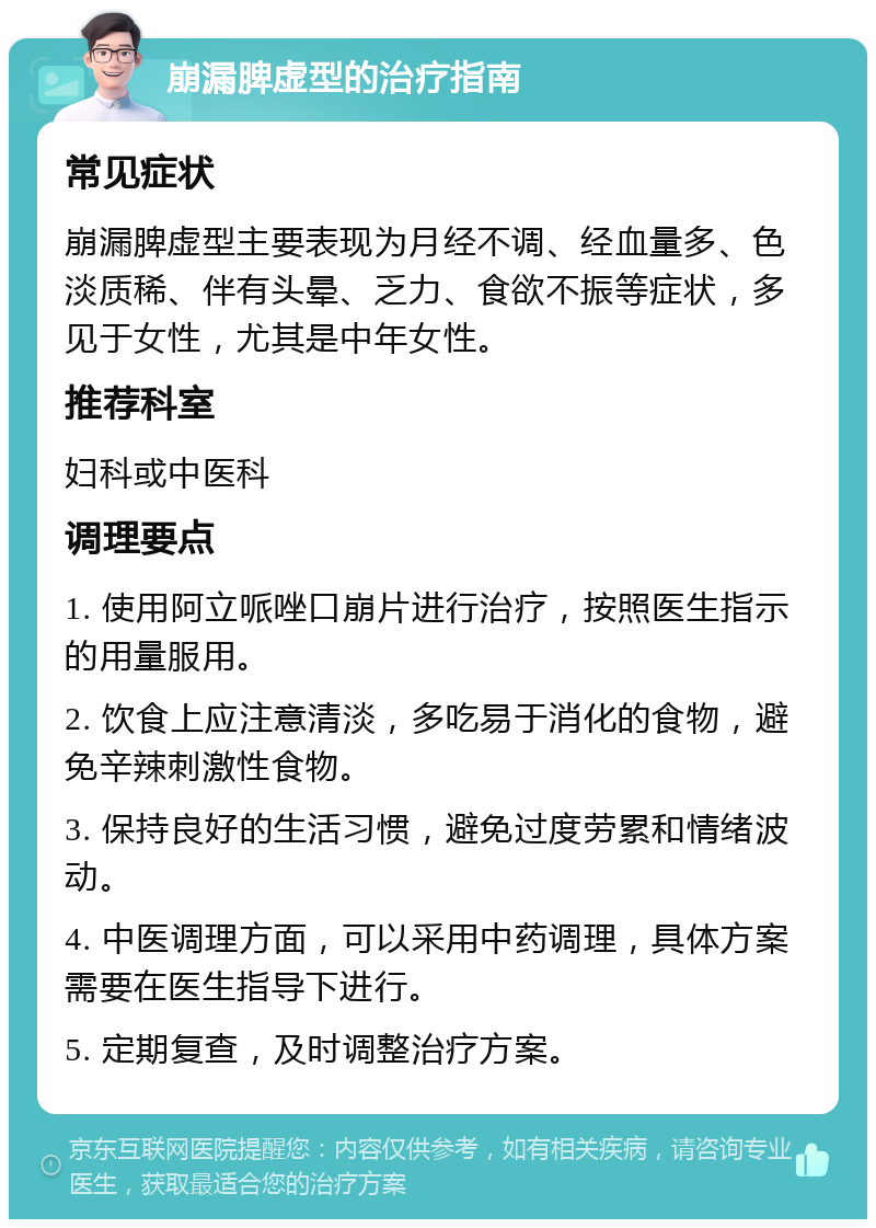 崩漏脾虚型的治疗指南 常见症状 崩漏脾虚型主要表现为月经不调、经血量多、色淡质稀、伴有头晕、乏力、食欲不振等症状，多见于女性，尤其是中年女性。 推荐科室 妇科或中医科 调理要点 1. 使用阿立哌唑口崩片进行治疗，按照医生指示的用量服用。 2. 饮食上应注意清淡，多吃易于消化的食物，避免辛辣刺激性食物。 3. 保持良好的生活习惯，避免过度劳累和情绪波动。 4. 中医调理方面，可以采用中药调理，具体方案需要在医生指导下进行。 5. 定期复查，及时调整治疗方案。