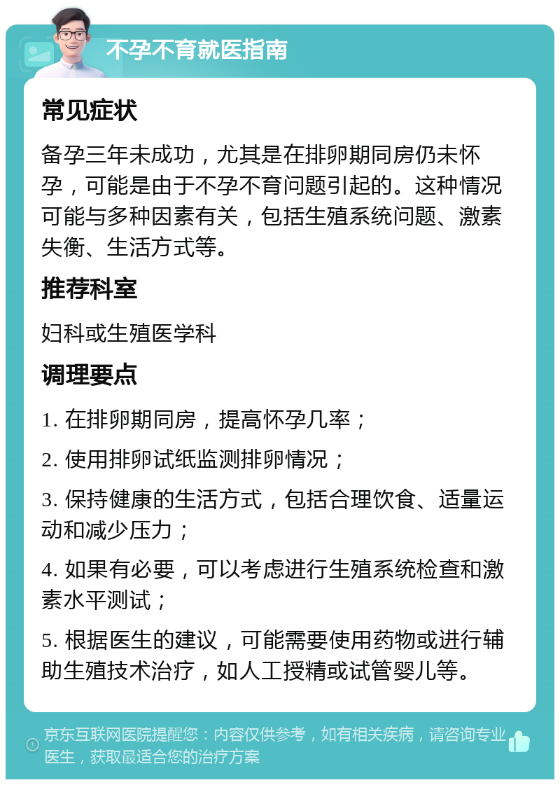 不孕不育就医指南 常见症状 备孕三年未成功，尤其是在排卵期同房仍未怀孕，可能是由于不孕不育问题引起的。这种情况可能与多种因素有关，包括生殖系统问题、激素失衡、生活方式等。 推荐科室 妇科或生殖医学科 调理要点 1. 在排卵期同房，提高怀孕几率； 2. 使用排卵试纸监测排卵情况； 3. 保持健康的生活方式，包括合理饮食、适量运动和减少压力； 4. 如果有必要，可以考虑进行生殖系统检查和激素水平测试； 5. 根据医生的建议，可能需要使用药物或进行辅助生殖技术治疗，如人工授精或试管婴儿等。