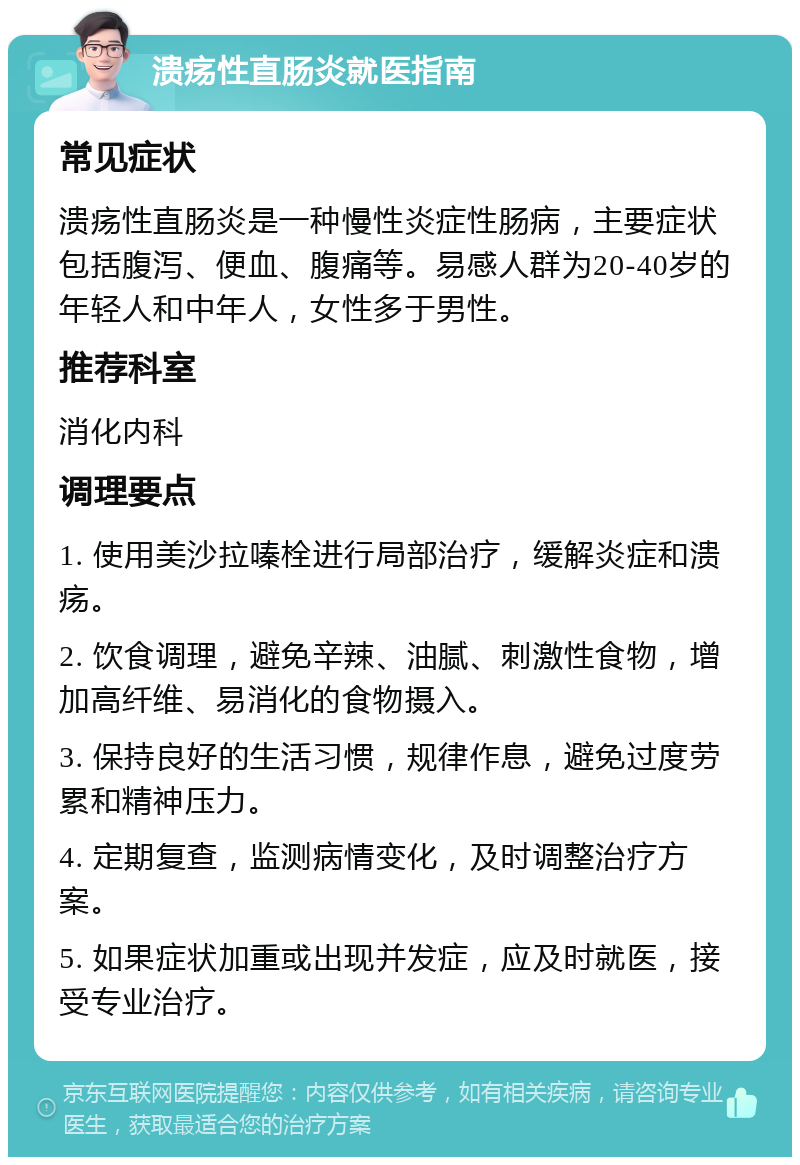 溃疡性直肠炎就医指南 常见症状 溃疡性直肠炎是一种慢性炎症性肠病，主要症状包括腹泻、便血、腹痛等。易感人群为20-40岁的年轻人和中年人，女性多于男性。 推荐科室 消化内科 调理要点 1. 使用美沙拉嗪栓进行局部治疗，缓解炎症和溃疡。 2. 饮食调理，避免辛辣、油腻、刺激性食物，增加高纤维、易消化的食物摄入。 3. 保持良好的生活习惯，规律作息，避免过度劳累和精神压力。 4. 定期复查，监测病情变化，及时调整治疗方案。 5. 如果症状加重或出现并发症，应及时就医，接受专业治疗。