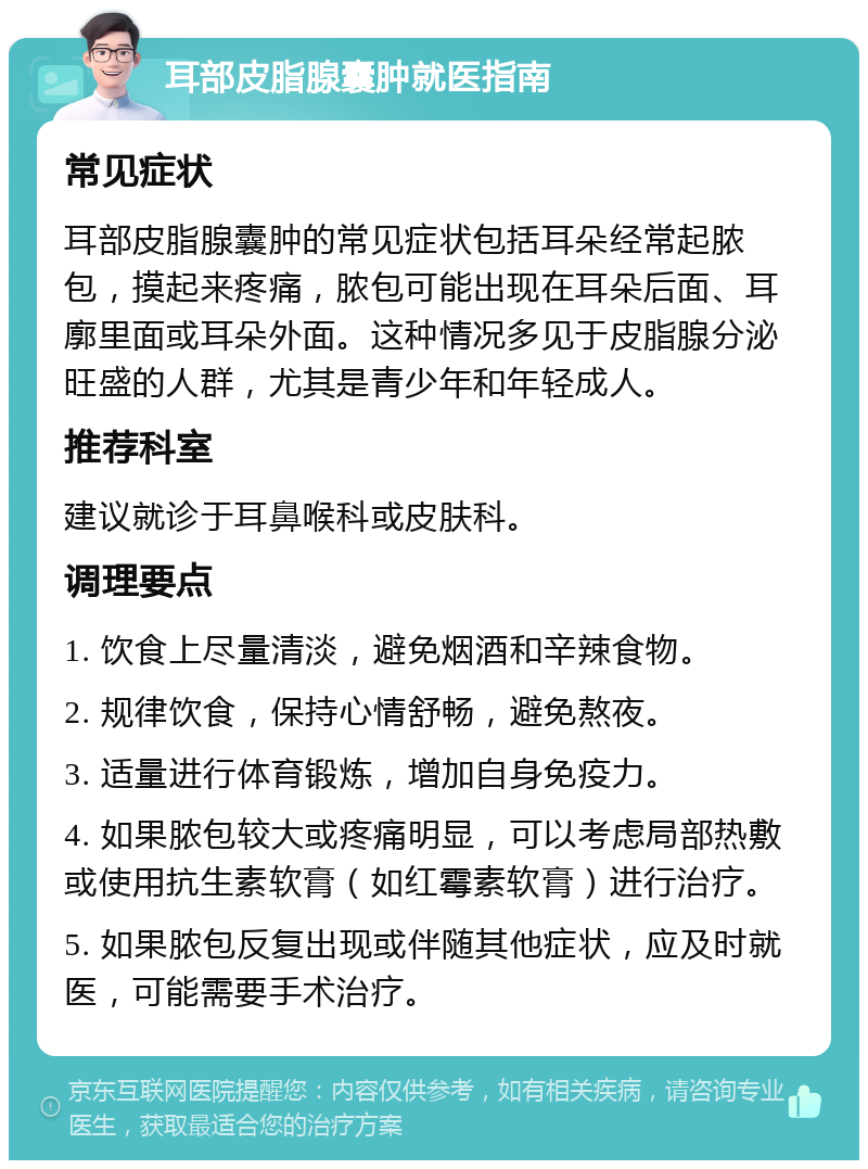 耳部皮脂腺囊肿就医指南 常见症状 耳部皮脂腺囊肿的常见症状包括耳朵经常起脓包，摸起来疼痛，脓包可能出现在耳朵后面、耳廓里面或耳朵外面。这种情况多见于皮脂腺分泌旺盛的人群，尤其是青少年和年轻成人。 推荐科室 建议就诊于耳鼻喉科或皮肤科。 调理要点 1. 饮食上尽量清淡，避免烟酒和辛辣食物。 2. 规律饮食，保持心情舒畅，避免熬夜。 3. 适量进行体育锻炼，增加自身免疫力。 4. 如果脓包较大或疼痛明显，可以考虑局部热敷或使用抗生素软膏（如红霉素软膏）进行治疗。 5. 如果脓包反复出现或伴随其他症状，应及时就医，可能需要手术治疗。