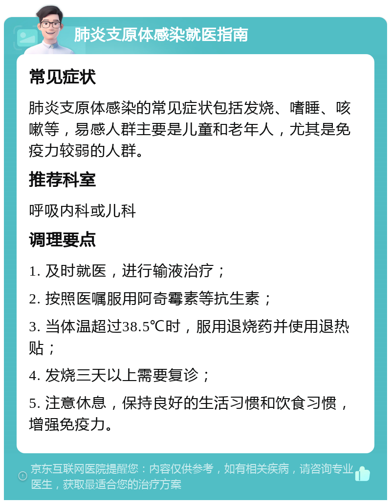 肺炎支原体感染就医指南 常见症状 肺炎支原体感染的常见症状包括发烧、嗜睡、咳嗽等，易感人群主要是儿童和老年人，尤其是免疫力较弱的人群。 推荐科室 呼吸内科或儿科 调理要点 1. 及时就医，进行输液治疗； 2. 按照医嘱服用阿奇霉素等抗生素； 3. 当体温超过38.5℃时，服用退烧药并使用退热贴； 4. 发烧三天以上需要复诊； 5. 注意休息，保持良好的生活习惯和饮食习惯，增强免疫力。