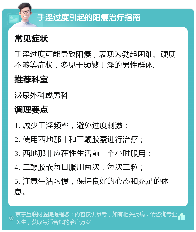 手淫过度引起的阳痿治疗指南 常见症状 手淫过度可能导致阳痿，表现为勃起困难、硬度不够等症状，多见于频繁手淫的男性群体。 推荐科室 泌尿外科或男科 调理要点 1. 减少手淫频率，避免过度刺激； 2. 使用西地那非和三鞭胶囊进行治疗； 3. 西地那非应在性生活前一个小时服用； 4. 三鞭胶囊每日服用两次，每次三粒； 5. 注意生活习惯，保持良好的心态和充足的休息。