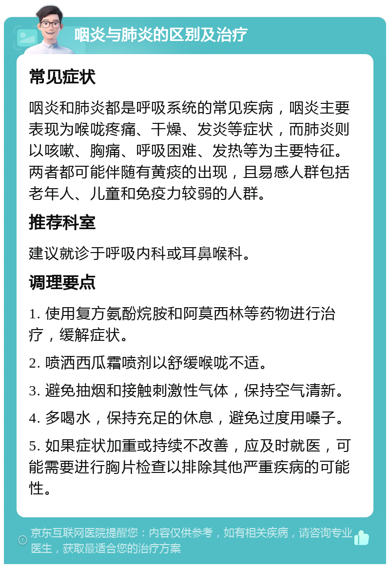 咽炎与肺炎的区别及治疗 常见症状 咽炎和肺炎都是呼吸系统的常见疾病，咽炎主要表现为喉咙疼痛、干燥、发炎等症状，而肺炎则以咳嗽、胸痛、呼吸困难、发热等为主要特征。两者都可能伴随有黄痰的出现，且易感人群包括老年人、儿童和免疫力较弱的人群。 推荐科室 建议就诊于呼吸内科或耳鼻喉科。 调理要点 1. 使用复方氨酚烷胺和阿莫西林等药物进行治疗，缓解症状。 2. 喷洒西瓜霜喷剂以舒缓喉咙不适。 3. 避免抽烟和接触刺激性气体，保持空气清新。 4. 多喝水，保持充足的休息，避免过度用嗓子。 5. 如果症状加重或持续不改善，应及时就医，可能需要进行胸片检查以排除其他严重疾病的可能性。