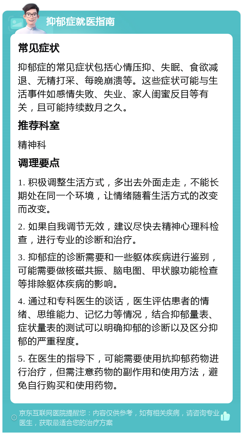 抑郁症就医指南 常见症状 抑郁症的常见症状包括心情压抑、失眠、食欲减退、无精打采、每晚崩溃等。这些症状可能与生活事件如感情失败、失业、家人闺蜜反目等有关，且可能持续数月之久。 推荐科室 精神科 调理要点 1. 积极调整生活方式，多出去外面走走，不能长期处在同一个环境，让情绪随着生活方式的改变而改变。 2. 如果自我调节无效，建议尽快去精神心理科检查，进行专业的诊断和治疗。 3. 抑郁症的诊断需要和一些躯体疾病进行鉴别，可能需要做核磁共振、脑电图、甲状腺功能检查等排除躯体疾病的影响。 4. 通过和专科医生的谈话，医生评估患者的情绪、思维能力、记忆力等情况，结合抑郁量表、症状量表的测试可以明确抑郁的诊断以及区分抑郁的严重程度。 5. 在医生的指导下，可能需要使用抗抑郁药物进行治疗，但需注意药物的副作用和使用方法，避免自行购买和使用药物。