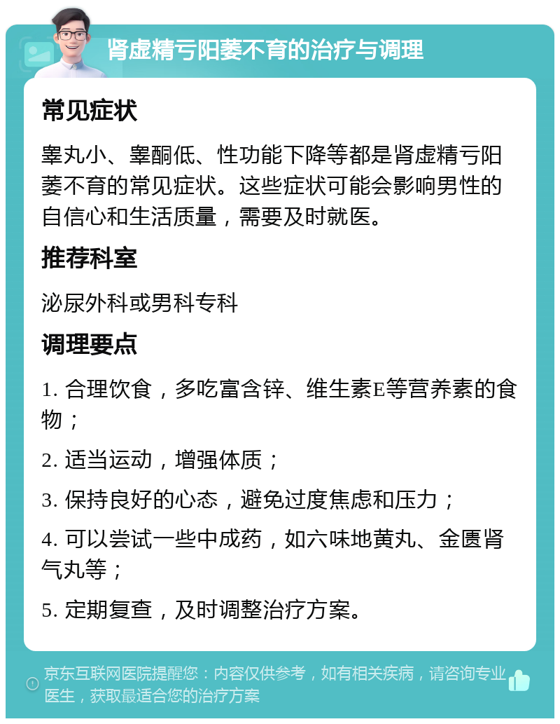 肾虚精亏阳萎不育的治疗与调理 常见症状 睾丸小、睾酮低、性功能下降等都是肾虚精亏阳萎不育的常见症状。这些症状可能会影响男性的自信心和生活质量，需要及时就医。 推荐科室 泌尿外科或男科专科 调理要点 1. 合理饮食，多吃富含锌、维生素E等营养素的食物； 2. 适当运动，增强体质； 3. 保持良好的心态，避免过度焦虑和压力； 4. 可以尝试一些中成药，如六味地黄丸、金匮肾气丸等； 5. 定期复查，及时调整治疗方案。