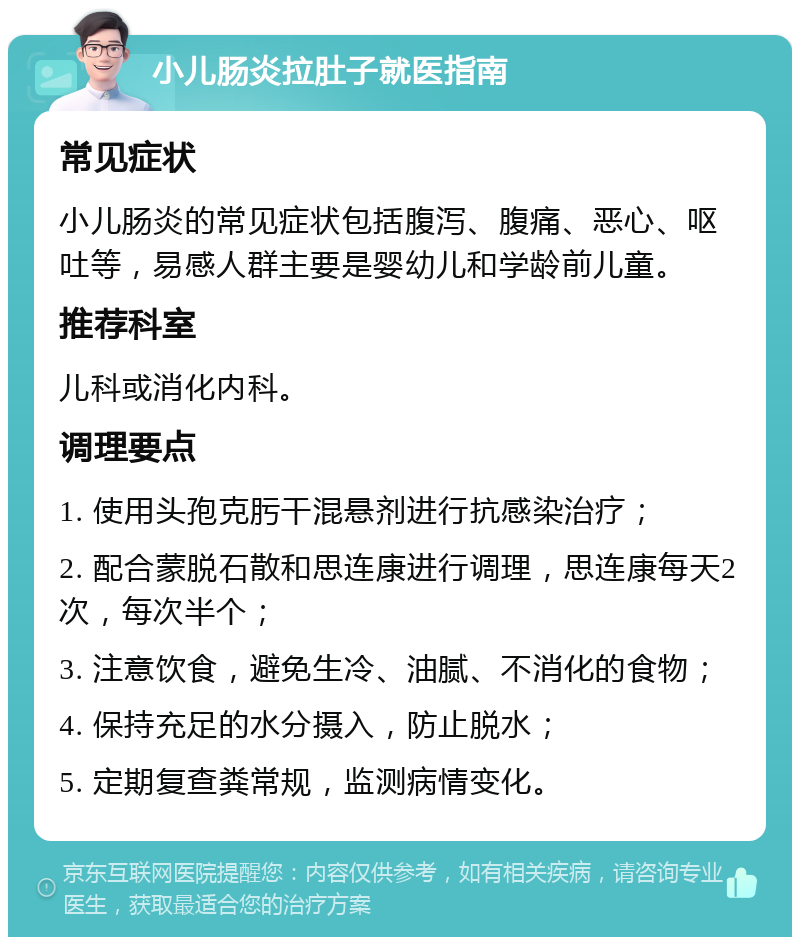 小儿肠炎拉肚子就医指南 常见症状 小儿肠炎的常见症状包括腹泻、腹痛、恶心、呕吐等，易感人群主要是婴幼儿和学龄前儿童。 推荐科室 儿科或消化内科。 调理要点 1. 使用头孢克肟干混悬剂进行抗感染治疗； 2. 配合蒙脱石散和思连康进行调理，思连康每天2次，每次半个； 3. 注意饮食，避免生冷、油腻、不消化的食物； 4. 保持充足的水分摄入，防止脱水； 5. 定期复查粪常规，监测病情变化。