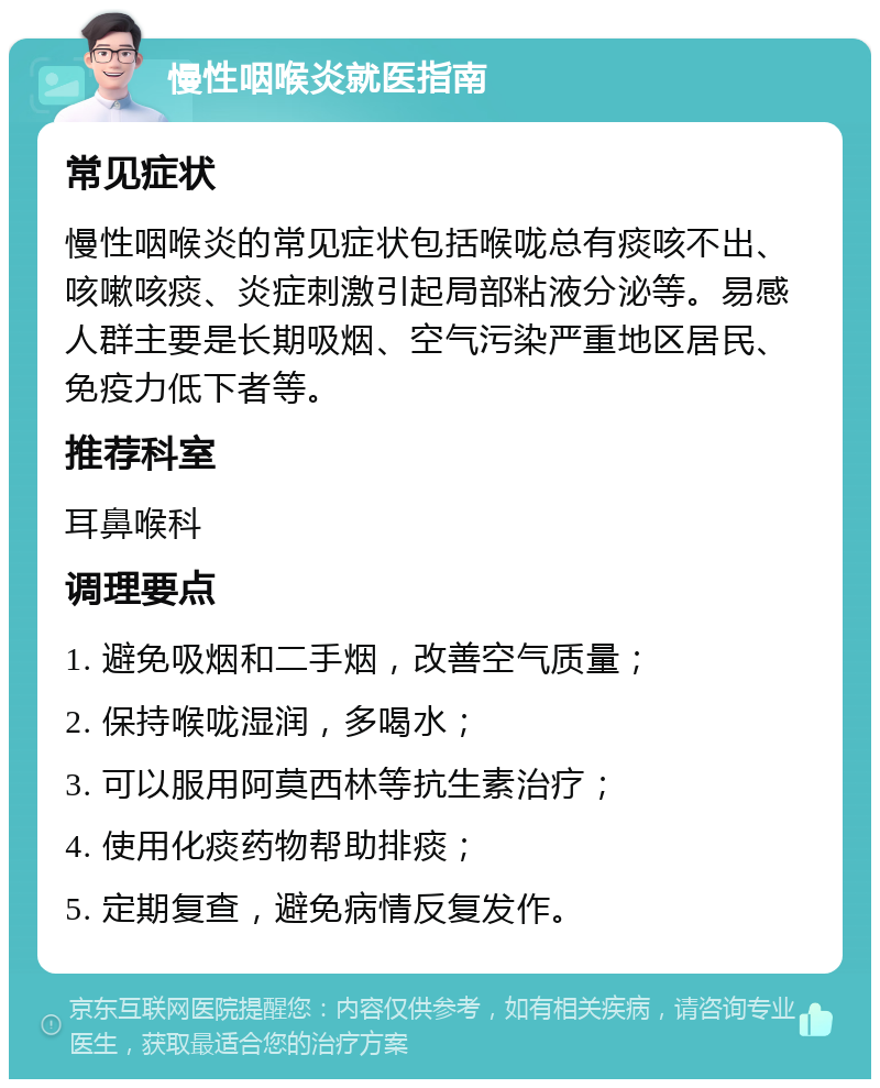 慢性咽喉炎就医指南 常见症状 慢性咽喉炎的常见症状包括喉咙总有痰咳不出、咳嗽咳痰、炎症刺激引起局部粘液分泌等。易感人群主要是长期吸烟、空气污染严重地区居民、免疫力低下者等。 推荐科室 耳鼻喉科 调理要点 1. 避免吸烟和二手烟，改善空气质量； 2. 保持喉咙湿润，多喝水； 3. 可以服用阿莫西林等抗生素治疗； 4. 使用化痰药物帮助排痰； 5. 定期复查，避免病情反复发作。