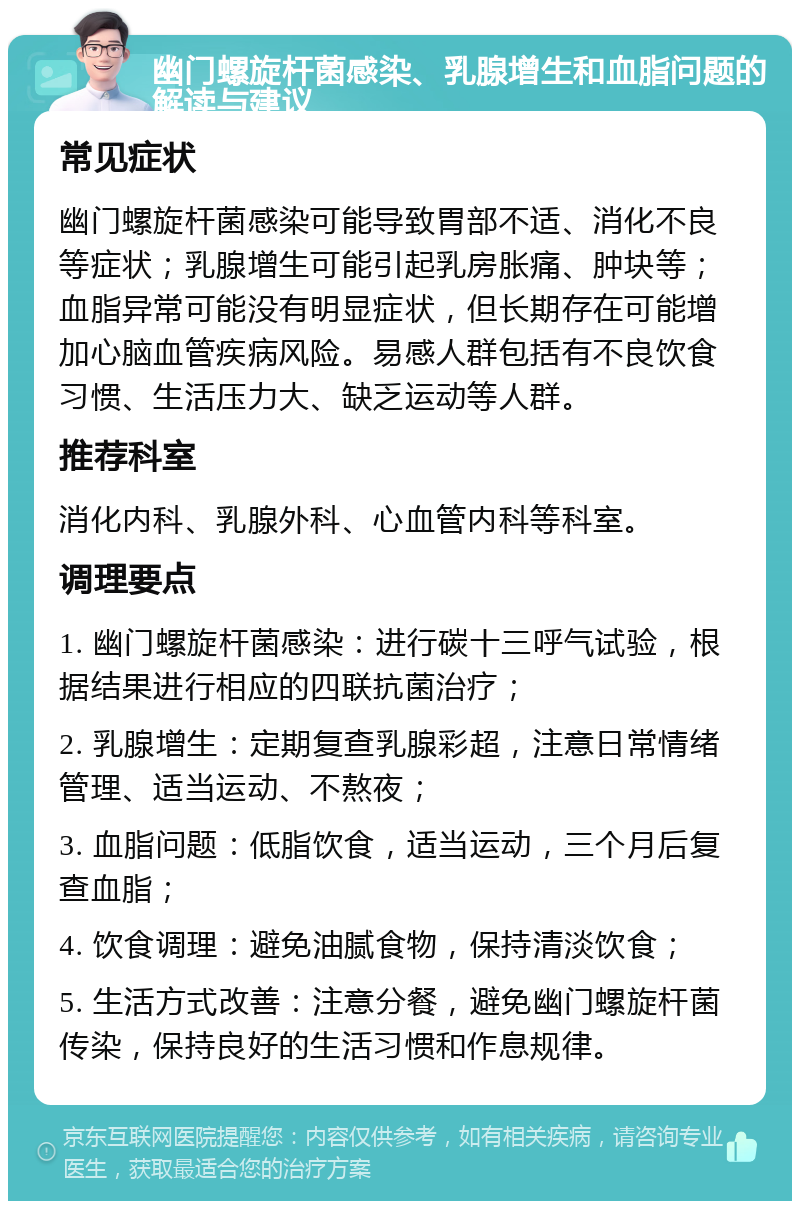 幽门螺旋杆菌感染、乳腺增生和血脂问题的解读与建议 常见症状 幽门螺旋杆菌感染可能导致胃部不适、消化不良等症状；乳腺增生可能引起乳房胀痛、肿块等；血脂异常可能没有明显症状，但长期存在可能增加心脑血管疾病风险。易感人群包括有不良饮食习惯、生活压力大、缺乏运动等人群。 推荐科室 消化内科、乳腺外科、心血管内科等科室。 调理要点 1. 幽门螺旋杆菌感染：进行碳十三呼气试验，根据结果进行相应的四联抗菌治疗； 2. 乳腺增生：定期复查乳腺彩超，注意日常情绪管理、适当运动、不熬夜； 3. 血脂问题：低脂饮食，适当运动，三个月后复查血脂； 4. 饮食调理：避免油腻食物，保持清淡饮食； 5. 生活方式改善：注意分餐，避免幽门螺旋杆菌传染，保持良好的生活习惯和作息规律。