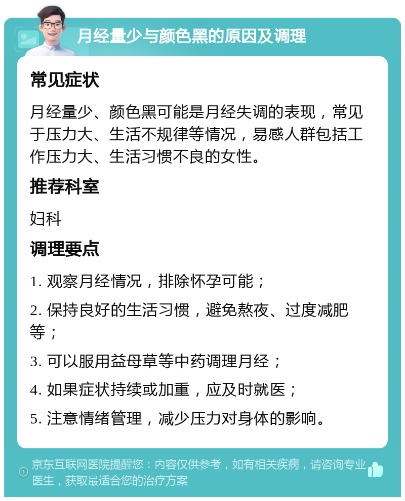 月经量少与颜色黑的原因及调理 常见症状 月经量少、颜色黑可能是月经失调的表现，常见于压力大、生活不规律等情况，易感人群包括工作压力大、生活习惯不良的女性。 推荐科室 妇科 调理要点 1. 观察月经情况，排除怀孕可能； 2. 保持良好的生活习惯，避免熬夜、过度减肥等； 3. 可以服用益母草等中药调理月经； 4. 如果症状持续或加重，应及时就医； 5. 注意情绪管理，减少压力对身体的影响。