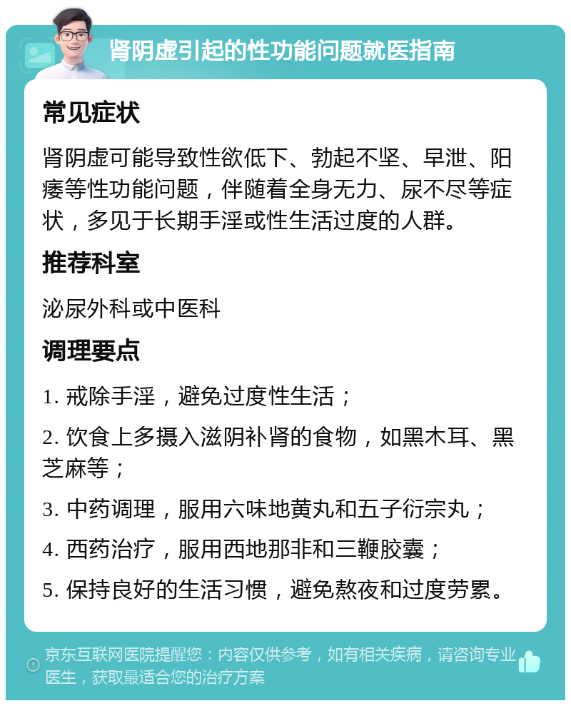 肾阴虚引起的性功能问题就医指南 常见症状 肾阴虚可能导致性欲低下、勃起不坚、早泄、阳痿等性功能问题，伴随着全身无力、尿不尽等症状，多见于长期手淫或性生活过度的人群。 推荐科室 泌尿外科或中医科 调理要点 1. 戒除手淫，避免过度性生活； 2. 饮食上多摄入滋阴补肾的食物，如黑木耳、黑芝麻等； 3. 中药调理，服用六味地黄丸和五子衍宗丸； 4. 西药治疗，服用西地那非和三鞭胶囊； 5. 保持良好的生活习惯，避免熬夜和过度劳累。