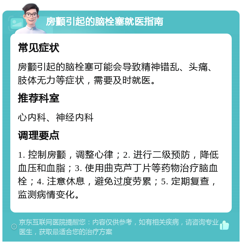 房颤引起的脑栓塞就医指南 常见症状 房颤引起的脑栓塞可能会导致精神错乱、头痛、肢体无力等症状，需要及时就医。 推荐科室 心内科、神经内科 调理要点 1. 控制房颤，调整心律；2. 进行二级预防，降低血压和血脂；3. 使用曲克芦丁片等药物治疗脑血栓；4. 注意休息，避免过度劳累；5. 定期复查，监测病情变化。