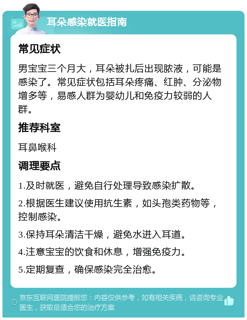 耳朵感染就医指南 常见症状 男宝宝三个月大，耳朵被扎后出现脓液，可能是感染了。常见症状包括耳朵疼痛、红肿、分泌物增多等，易感人群为婴幼儿和免疫力较弱的人群。 推荐科室 耳鼻喉科 调理要点 1.及时就医，避免自行处理导致感染扩散。 2.根据医生建议使用抗生素，如头孢类药物等，控制感染。 3.保持耳朵清洁干燥，避免水进入耳道。 4.注意宝宝的饮食和休息，增强免疫力。 5.定期复查，确保感染完全治愈。