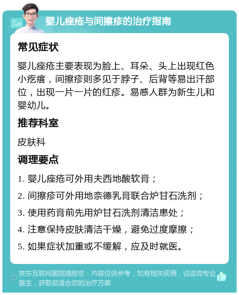 婴儿痤疮与间擦疹的治疗指南 常见症状 婴儿痤疮主要表现为脸上、耳朵、头上出现红色小疙瘩，间擦疹则多见于脖子、后背等易出汗部位，出现一片一片的红疹。易感人群为新生儿和婴幼儿。 推荐科室 皮肤科 调理要点 1. 婴儿痤疮可外用夫西地酸软膏； 2. 间擦疹可外用地奈德乳膏联合炉甘石洗剂； 3. 使用药膏前先用炉甘石洗剂清洁患处； 4. 注意保持皮肤清洁干燥，避免过度摩擦； 5. 如果症状加重或不缓解，应及时就医。