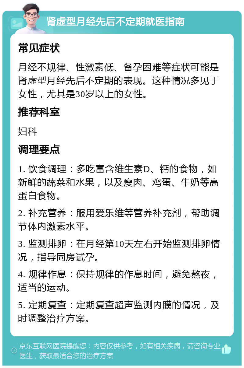 肾虚型月经先后不定期就医指南 常见症状 月经不规律、性激素低、备孕困难等症状可能是肾虚型月经先后不定期的表现。这种情况多见于女性，尤其是30岁以上的女性。 推荐科室 妇科 调理要点 1. 饮食调理：多吃富含维生素D、钙的食物，如新鲜的蔬菜和水果，以及瘦肉、鸡蛋、牛奶等高蛋白食物。 2. 补充营养：服用爱乐维等营养补充剂，帮助调节体内激素水平。 3. 监测排卵：在月经第10天左右开始监测排卵情况，指导同房试孕。 4. 规律作息：保持规律的作息时间，避免熬夜，适当的运动。 5. 定期复查：定期复查超声监测内膜的情况，及时调整治疗方案。