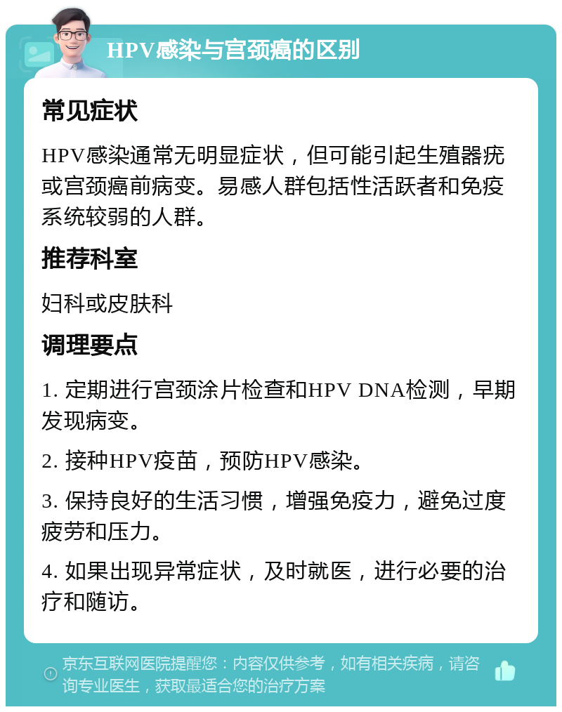 HPV感染与宫颈癌的区别 常见症状 HPV感染通常无明显症状，但可能引起生殖器疣或宫颈癌前病变。易感人群包括性活跃者和免疫系统较弱的人群。 推荐科室 妇科或皮肤科 调理要点 1. 定期进行宫颈涂片检查和HPV DNA检测，早期发现病变。 2. 接种HPV疫苗，预防HPV感染。 3. 保持良好的生活习惯，增强免疫力，避免过度疲劳和压力。 4. 如果出现异常症状，及时就医，进行必要的治疗和随访。