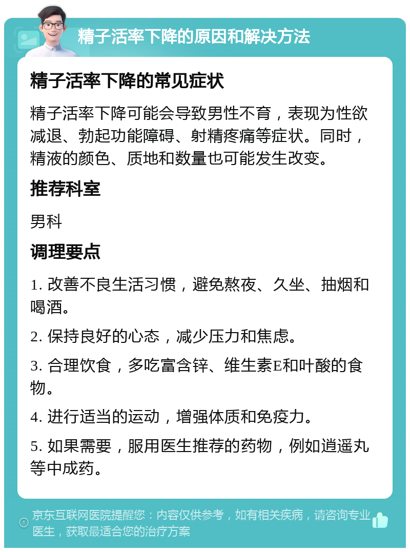 精子活率下降的原因和解决方法 精子活率下降的常见症状 精子活率下降可能会导致男性不育，表现为性欲减退、勃起功能障碍、射精疼痛等症状。同时，精液的颜色、质地和数量也可能发生改变。 推荐科室 男科 调理要点 1. 改善不良生活习惯，避免熬夜、久坐、抽烟和喝酒。 2. 保持良好的心态，减少压力和焦虑。 3. 合理饮食，多吃富含锌、维生素E和叶酸的食物。 4. 进行适当的运动，增强体质和免疫力。 5. 如果需要，服用医生推荐的药物，例如逍遥丸等中成药。