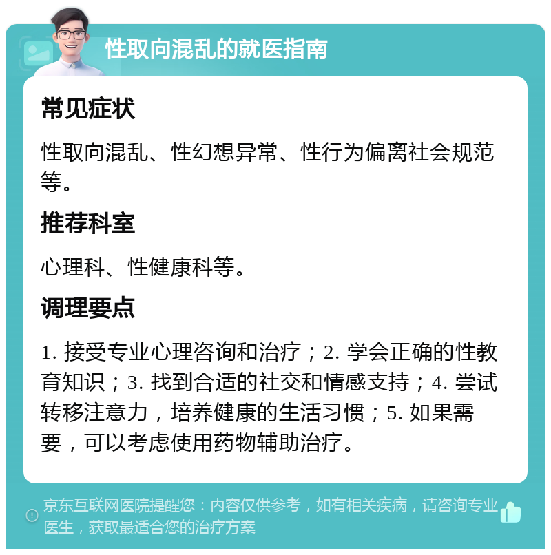 性取向混乱的就医指南 常见症状 性取向混乱、性幻想异常、性行为偏离社会规范等。 推荐科室 心理科、性健康科等。 调理要点 1. 接受专业心理咨询和治疗；2. 学会正确的性教育知识；3. 找到合适的社交和情感支持；4. 尝试转移注意力，培养健康的生活习惯；5. 如果需要，可以考虑使用药物辅助治疗。