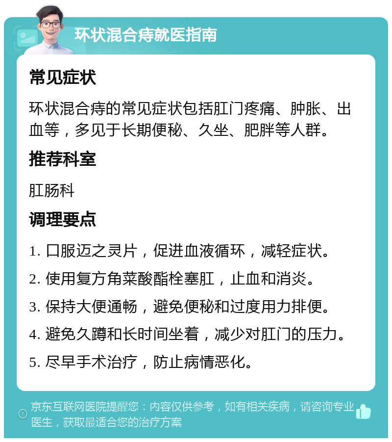 环状混合痔就医指南 常见症状 环状混合痔的常见症状包括肛门疼痛、肿胀、出血等，多见于长期便秘、久坐、肥胖等人群。 推荐科室 肛肠科 调理要点 1. 口服迈之灵片，促进血液循环，减轻症状。 2. 使用复方角菜酸酯栓塞肛，止血和消炎。 3. 保持大便通畅，避免便秘和过度用力排便。 4. 避免久蹲和长时间坐着，减少对肛门的压力。 5. 尽早手术治疗，防止病情恶化。