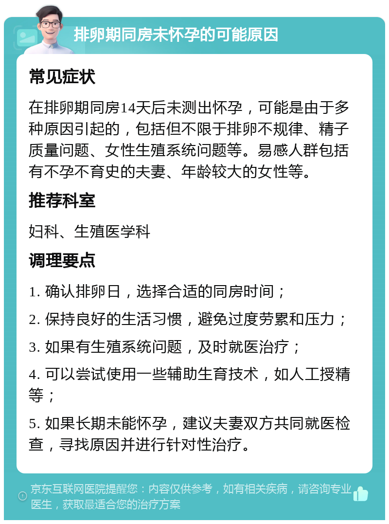 排卵期同房未怀孕的可能原因 常见症状 在排卵期同房14天后未测出怀孕，可能是由于多种原因引起的，包括但不限于排卵不规律、精子质量问题、女性生殖系统问题等。易感人群包括有不孕不育史的夫妻、年龄较大的女性等。 推荐科室 妇科、生殖医学科 调理要点 1. 确认排卵日，选择合适的同房时间； 2. 保持良好的生活习惯，避免过度劳累和压力； 3. 如果有生殖系统问题，及时就医治疗； 4. 可以尝试使用一些辅助生育技术，如人工授精等； 5. 如果长期未能怀孕，建议夫妻双方共同就医检查，寻找原因并进行针对性治疗。