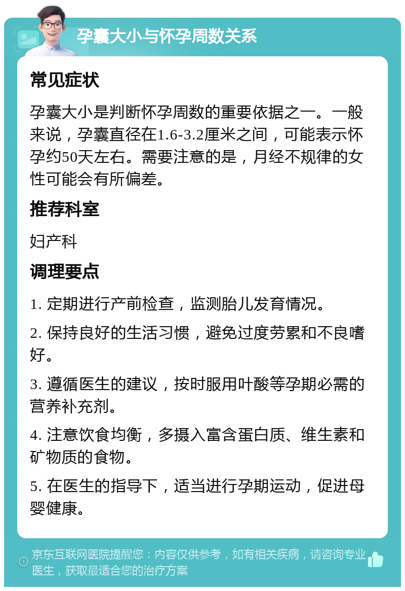 孕囊大小与怀孕周数关系 常见症状 孕囊大小是判断怀孕周数的重要依据之一。一般来说，孕囊直径在1.6-3.2厘米之间，可能表示怀孕约50天左右。需要注意的是，月经不规律的女性可能会有所偏差。 推荐科室 妇产科 调理要点 1. 定期进行产前检查，监测胎儿发育情况。 2. 保持良好的生活习惯，避免过度劳累和不良嗜好。 3. 遵循医生的建议，按时服用叶酸等孕期必需的营养补充剂。 4. 注意饮食均衡，多摄入富含蛋白质、维生素和矿物质的食物。 5. 在医生的指导下，适当进行孕期运动，促进母婴健康。