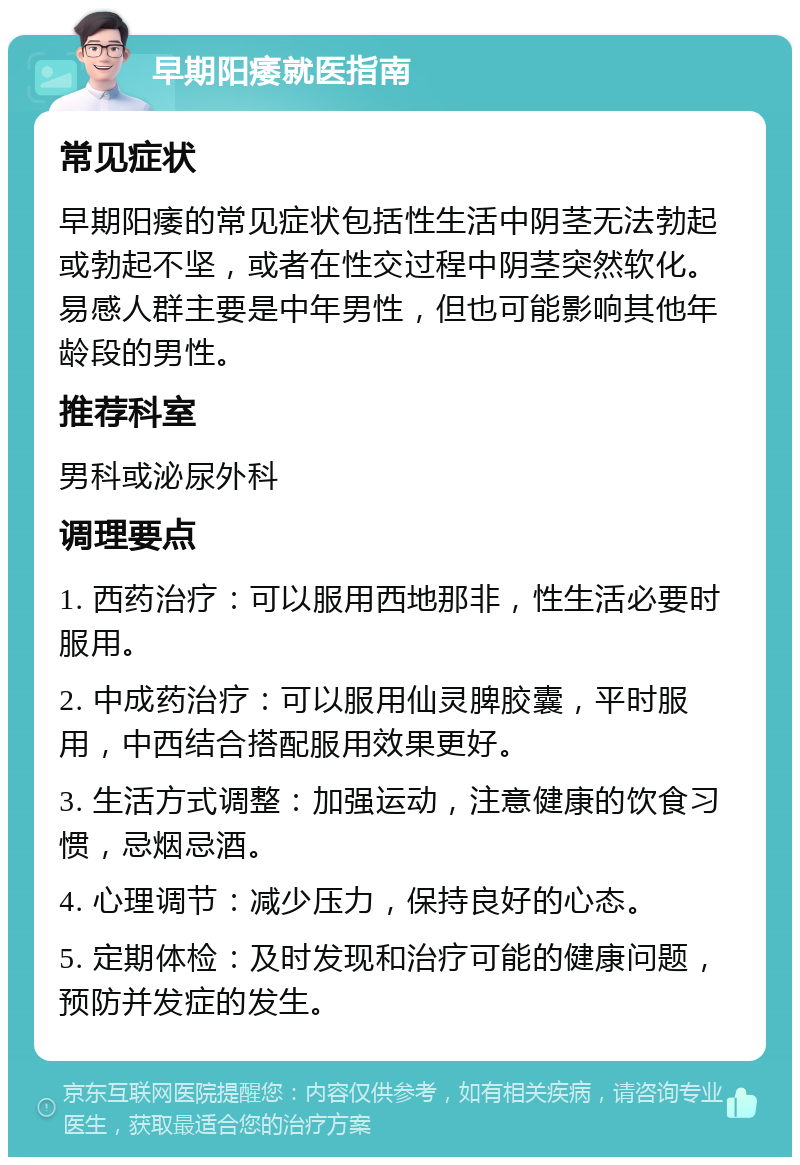 早期阳痿就医指南 常见症状 早期阳痿的常见症状包括性生活中阴茎无法勃起或勃起不坚，或者在性交过程中阴茎突然软化。易感人群主要是中年男性，但也可能影响其他年龄段的男性。 推荐科室 男科或泌尿外科 调理要点 1. 西药治疗：可以服用西地那非，性生活必要时服用。 2. 中成药治疗：可以服用仙灵脾胶囊，平时服用，中西结合搭配服用效果更好。 3. 生活方式调整：加强运动，注意健康的饮食习惯，忌烟忌酒。 4. 心理调节：减少压力，保持良好的心态。 5. 定期体检：及时发现和治疗可能的健康问题，预防并发症的发生。