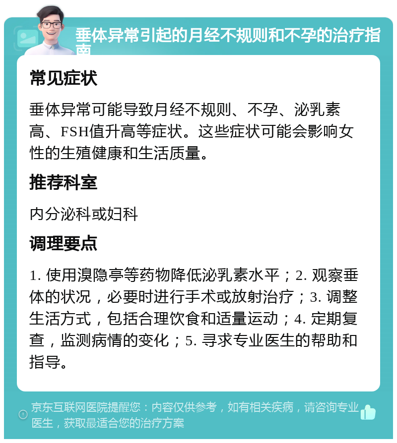 垂体异常引起的月经不规则和不孕的治疗指南 常见症状 垂体异常可能导致月经不规则、不孕、泌乳素高、FSH值升高等症状。这些症状可能会影响女性的生殖健康和生活质量。 推荐科室 内分泌科或妇科 调理要点 1. 使用溴隐亭等药物降低泌乳素水平；2. 观察垂体的状况，必要时进行手术或放射治疗；3. 调整生活方式，包括合理饮食和适量运动；4. 定期复查，监测病情的变化；5. 寻求专业医生的帮助和指导。