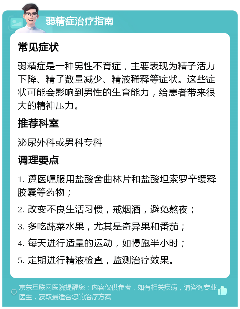 弱精症治疗指南 常见症状 弱精症是一种男性不育症，主要表现为精子活力下降、精子数量减少、精液稀释等症状。这些症状可能会影响到男性的生育能力，给患者带来很大的精神压力。 推荐科室 泌尿外科或男科专科 调理要点 1. 遵医嘱服用盐酸舍曲林片和盐酸坦索罗辛缓释胶囊等药物； 2. 改变不良生活习惯，戒烟酒，避免熬夜； 3. 多吃蔬菜水果，尤其是奇异果和番茄； 4. 每天进行适量的运动，如慢跑半小时； 5. 定期进行精液检查，监测治疗效果。