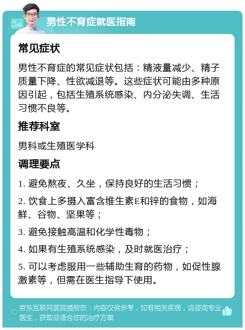 男性不育症就医指南 常见症状 男性不育症的常见症状包括：精液量减少、精子质量下降、性欲减退等。这些症状可能由多种原因引起，包括生殖系统感染、内分泌失调、生活习惯不良等。 推荐科室 男科或生殖医学科 调理要点 1. 避免熬夜、久坐，保持良好的生活习惯； 2. 饮食上多摄入富含维生素E和锌的食物，如海鲜、谷物、坚果等； 3. 避免接触高温和化学性毒物； 4. 如果有生殖系统感染，及时就医治疗； 5. 可以考虑服用一些辅助生育的药物，如促性腺激素等，但需在医生指导下使用。