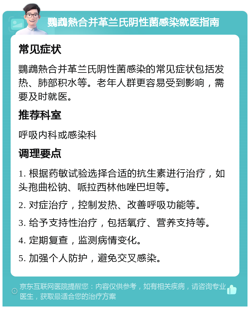 鸚鵡熱合并革兰氏阴性菌感染就医指南 常见症状 鸚鵡熱合并革兰氏阴性菌感染的常见症状包括发热、肺部积水等。老年人群更容易受到影响，需要及时就医。 推荐科室 呼吸内科或感染科 调理要点 1. 根据药敏试验选择合适的抗生素进行治疗，如头孢曲松钠、哌拉西林他唑巴坦等。 2. 对症治疗，控制发热、改善呼吸功能等。 3. 给予支持性治疗，包括氧疗、营养支持等。 4. 定期复查，监测病情变化。 5. 加强个人防护，避免交叉感染。