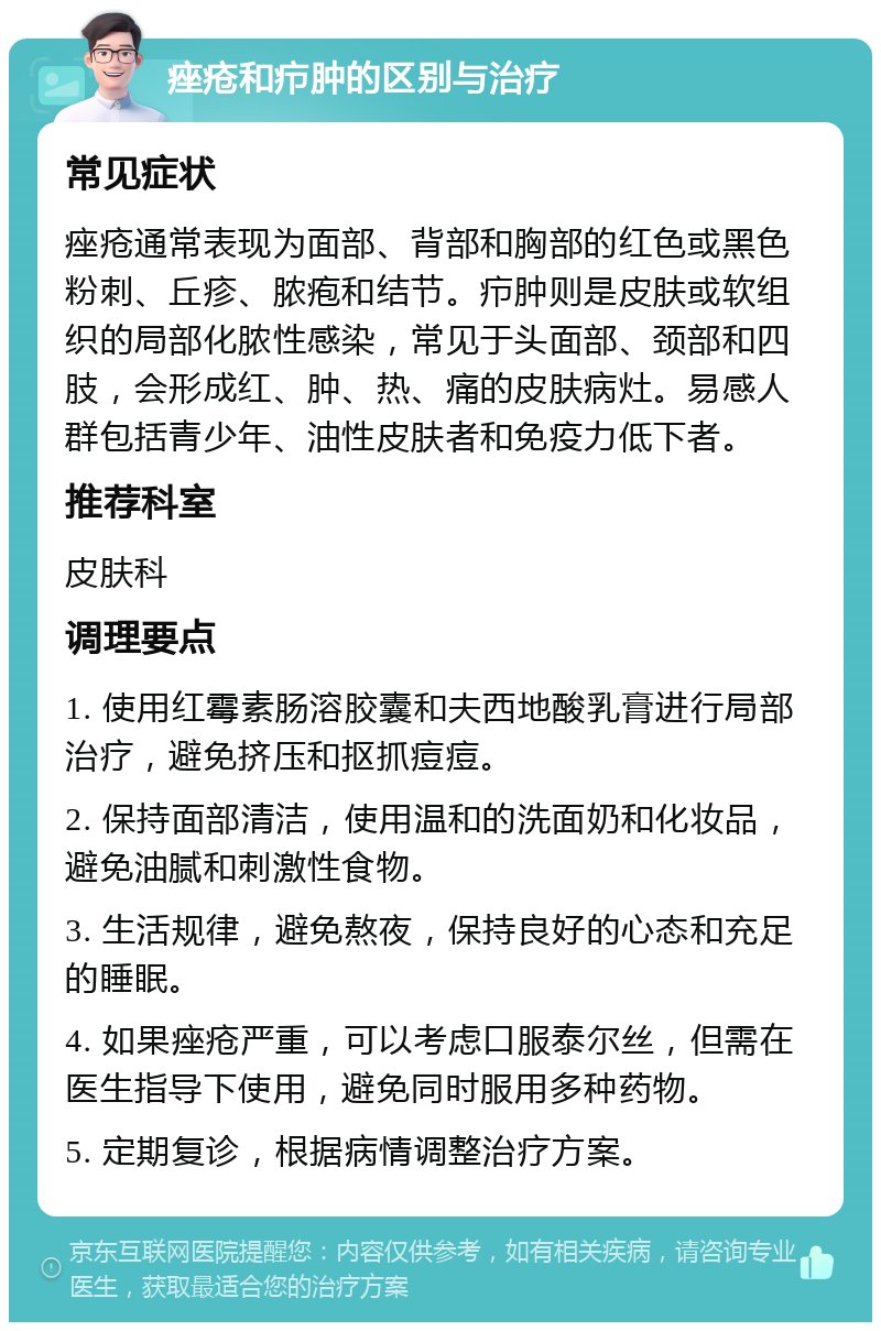 痤疮和疖肿的区别与治疗 常见症状 痤疮通常表现为面部、背部和胸部的红色或黑色粉刺、丘疹、脓疱和结节。疖肿则是皮肤或软组织的局部化脓性感染，常见于头面部、颈部和四肢，会形成红、肿、热、痛的皮肤病灶。易感人群包括青少年、油性皮肤者和免疫力低下者。 推荐科室 皮肤科 调理要点 1. 使用红霉素肠溶胶囊和夫西地酸乳膏进行局部治疗，避免挤压和抠抓痘痘。 2. 保持面部清洁，使用温和的洗面奶和化妆品，避免油腻和刺激性食物。 3. 生活规律，避免熬夜，保持良好的心态和充足的睡眠。 4. 如果痤疮严重，可以考虑口服泰尔丝，但需在医生指导下使用，避免同时服用多种药物。 5. 定期复诊，根据病情调整治疗方案。