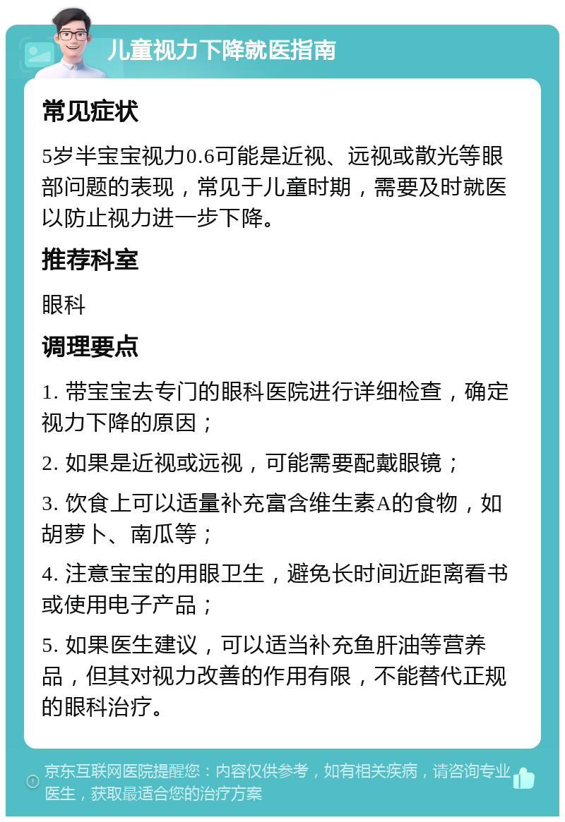 儿童视力下降就医指南 常见症状 5岁半宝宝视力0.6可能是近视、远视或散光等眼部问题的表现，常见于儿童时期，需要及时就医以防止视力进一步下降。 推荐科室 眼科 调理要点 1. 带宝宝去专门的眼科医院进行详细检查，确定视力下降的原因； 2. 如果是近视或远视，可能需要配戴眼镜； 3. 饮食上可以适量补充富含维生素A的食物，如胡萝卜、南瓜等； 4. 注意宝宝的用眼卫生，避免长时间近距离看书或使用电子产品； 5. 如果医生建议，可以适当补充鱼肝油等营养品，但其对视力改善的作用有限，不能替代正规的眼科治疗。