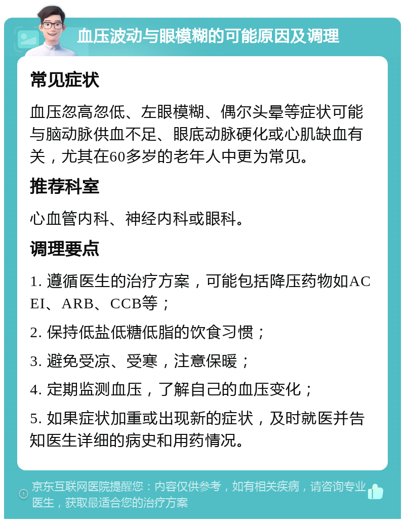 血压波动与眼模糊的可能原因及调理 常见症状 血压忽高忽低、左眼模糊、偶尔头晕等症状可能与脑动脉供血不足、眼底动脉硬化或心肌缺血有关，尤其在60多岁的老年人中更为常见。 推荐科室 心血管内科、神经内科或眼科。 调理要点 1. 遵循医生的治疗方案，可能包括降压药物如ACEI、ARB、CCB等； 2. 保持低盐低糖低脂的饮食习惯； 3. 避免受凉、受寒，注意保暖； 4. 定期监测血压，了解自己的血压变化； 5. 如果症状加重或出现新的症状，及时就医并告知医生详细的病史和用药情况。