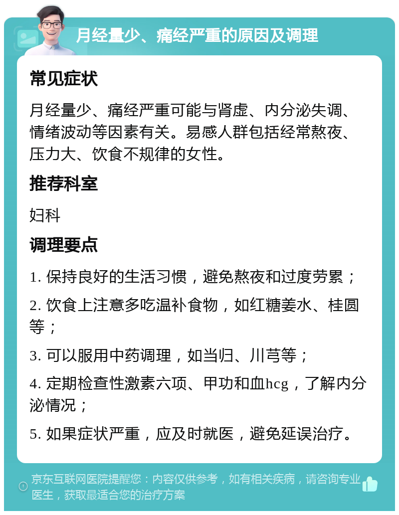 月经量少、痛经严重的原因及调理 常见症状 月经量少、痛经严重可能与肾虚、内分泌失调、情绪波动等因素有关。易感人群包括经常熬夜、压力大、饮食不规律的女性。 推荐科室 妇科 调理要点 1. 保持良好的生活习惯，避免熬夜和过度劳累； 2. 饮食上注意多吃温补食物，如红糖姜水、桂圆等； 3. 可以服用中药调理，如当归、川芎等； 4. 定期检查性激素六项、甲功和血hcg，了解内分泌情况； 5. 如果症状严重，应及时就医，避免延误治疗。