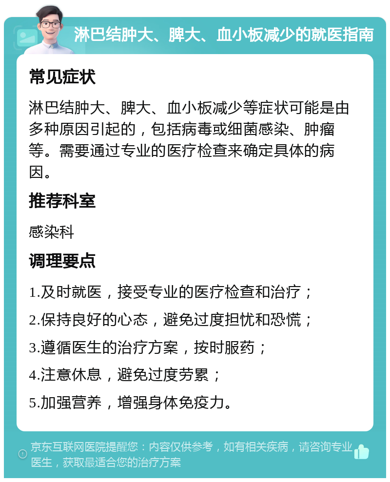 淋巴结肿大、脾大、血小板减少的就医指南 常见症状 淋巴结肿大、脾大、血小板减少等症状可能是由多种原因引起的，包括病毒或细菌感染、肿瘤等。需要通过专业的医疗检查来确定具体的病因。 推荐科室 感染科 调理要点 1.及时就医，接受专业的医疗检查和治疗； 2.保持良好的心态，避免过度担忧和恐慌； 3.遵循医生的治疗方案，按时服药； 4.注意休息，避免过度劳累； 5.加强营养，增强身体免疫力。